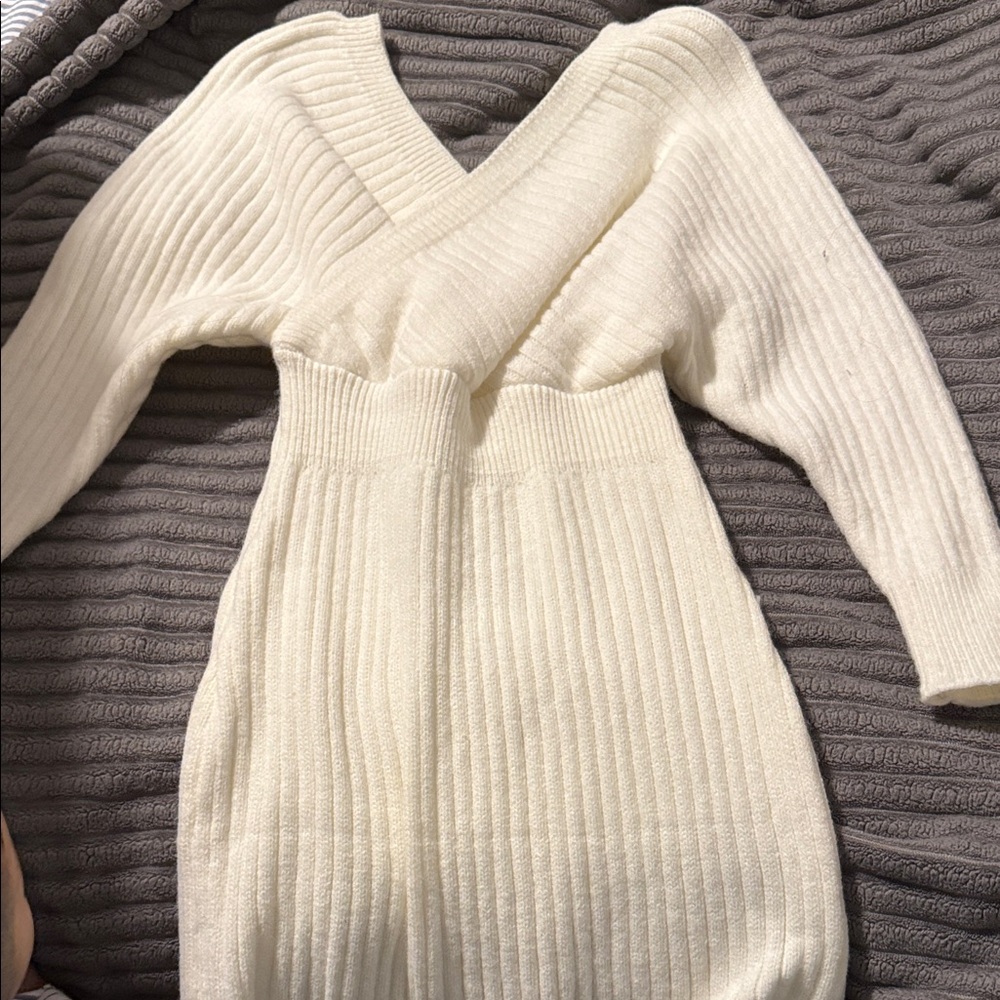 Cream Ribbed Knit Sweater Dress